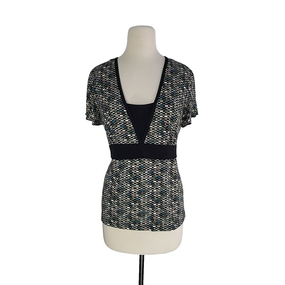 Vintage 90s Babydoll Top Black Green Geometric Flutter Short Sleeve Bow Boho USA - Picture 3 of 15